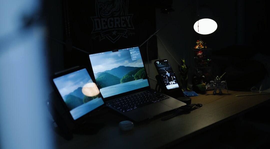Glowing laptop on a clean desk in a modern tech workspace