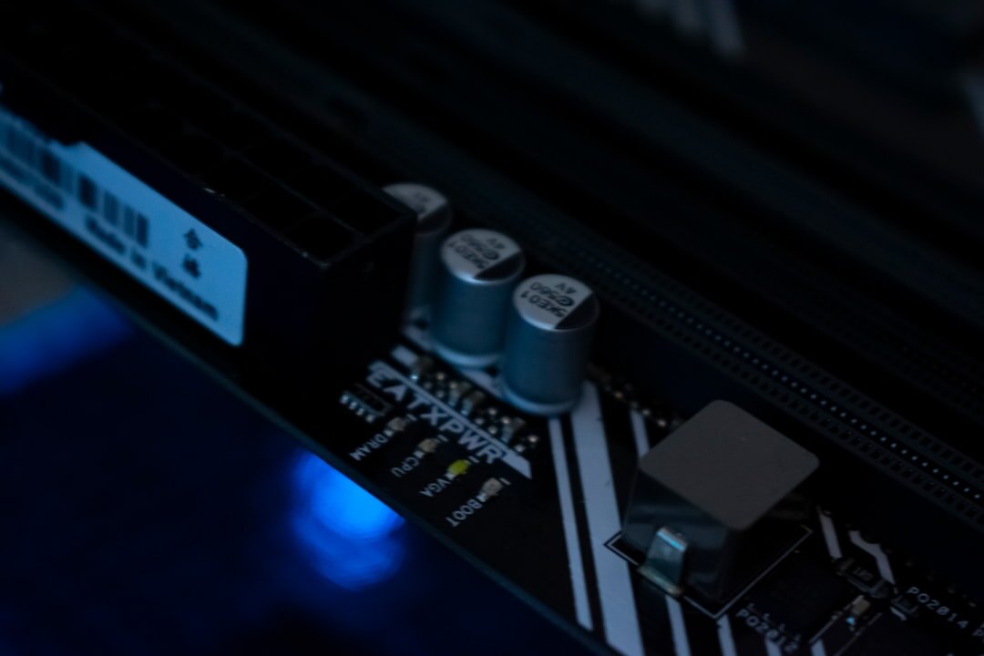 Close-up of a glowing circuit board with blue LED lights